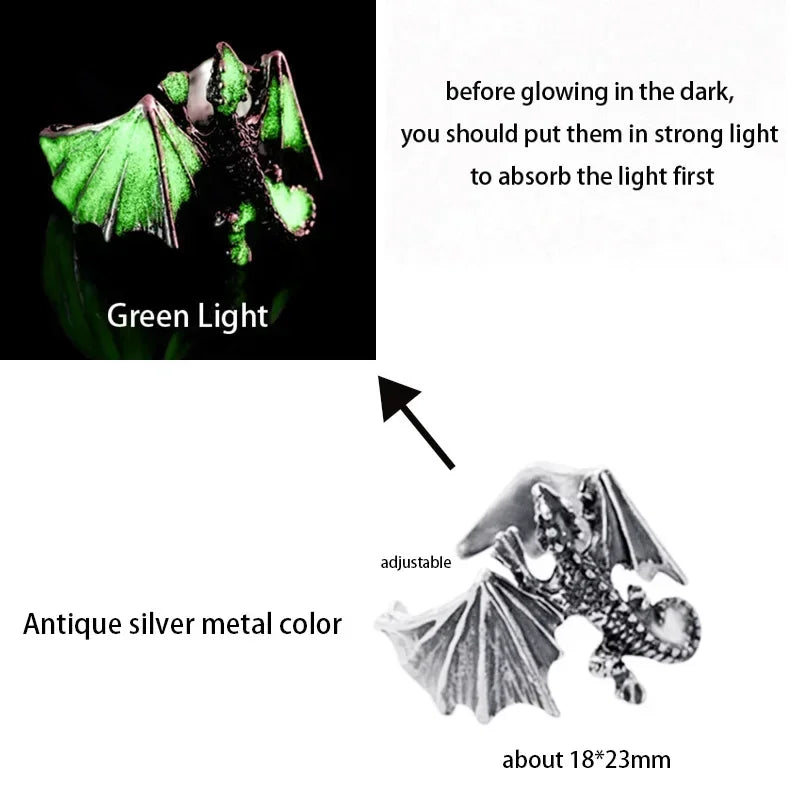 Adjustable Gothic Punk Noctilucent Dragon Rings Vintage Luminous Glow In the Dark Pterosaur Ring for Men Women Halloween Party