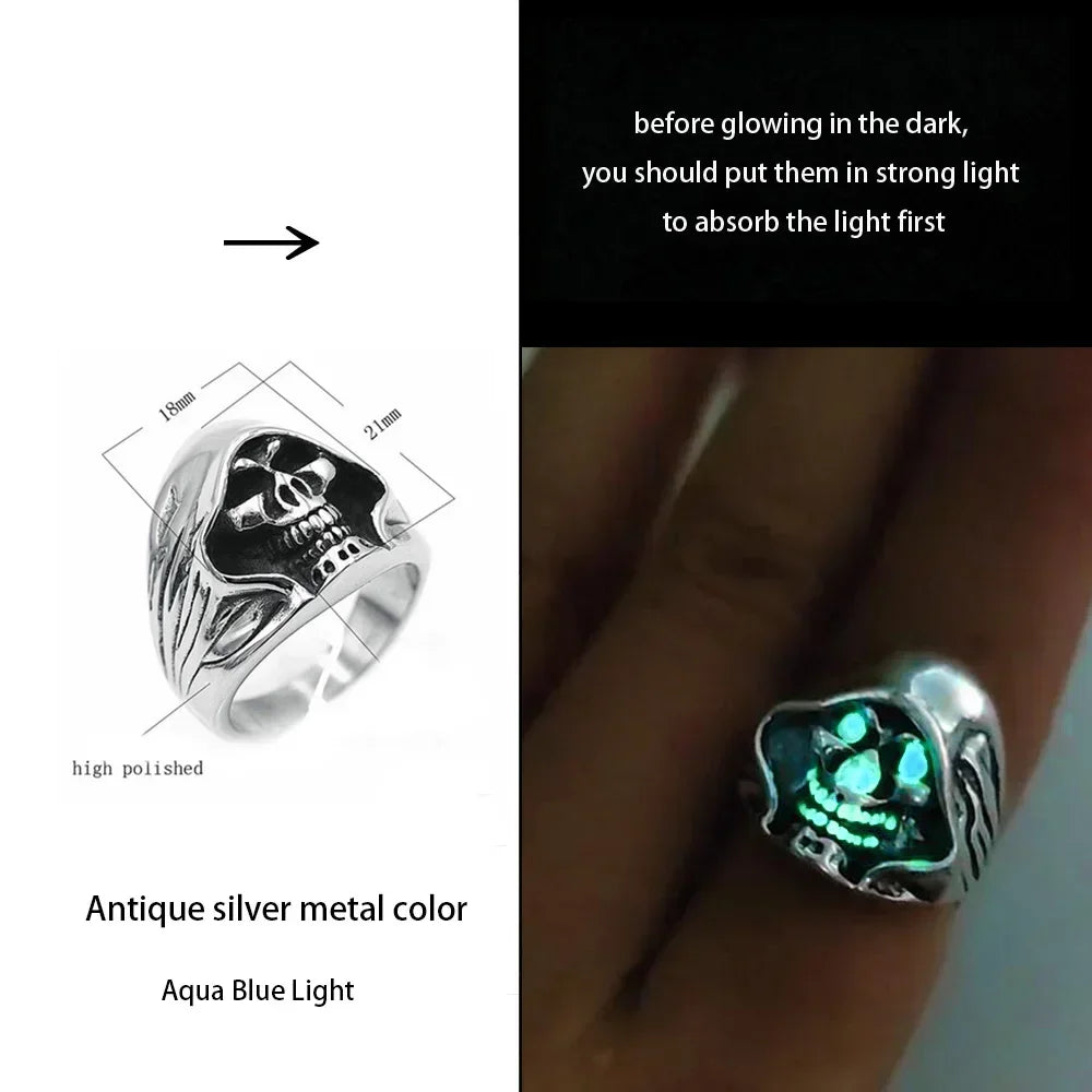 Adjustable Gothic Punk Noctilucent Dragon Rings Vintage Luminous Glow In the Dark Pterosaur Ring for Men Women Halloween Party