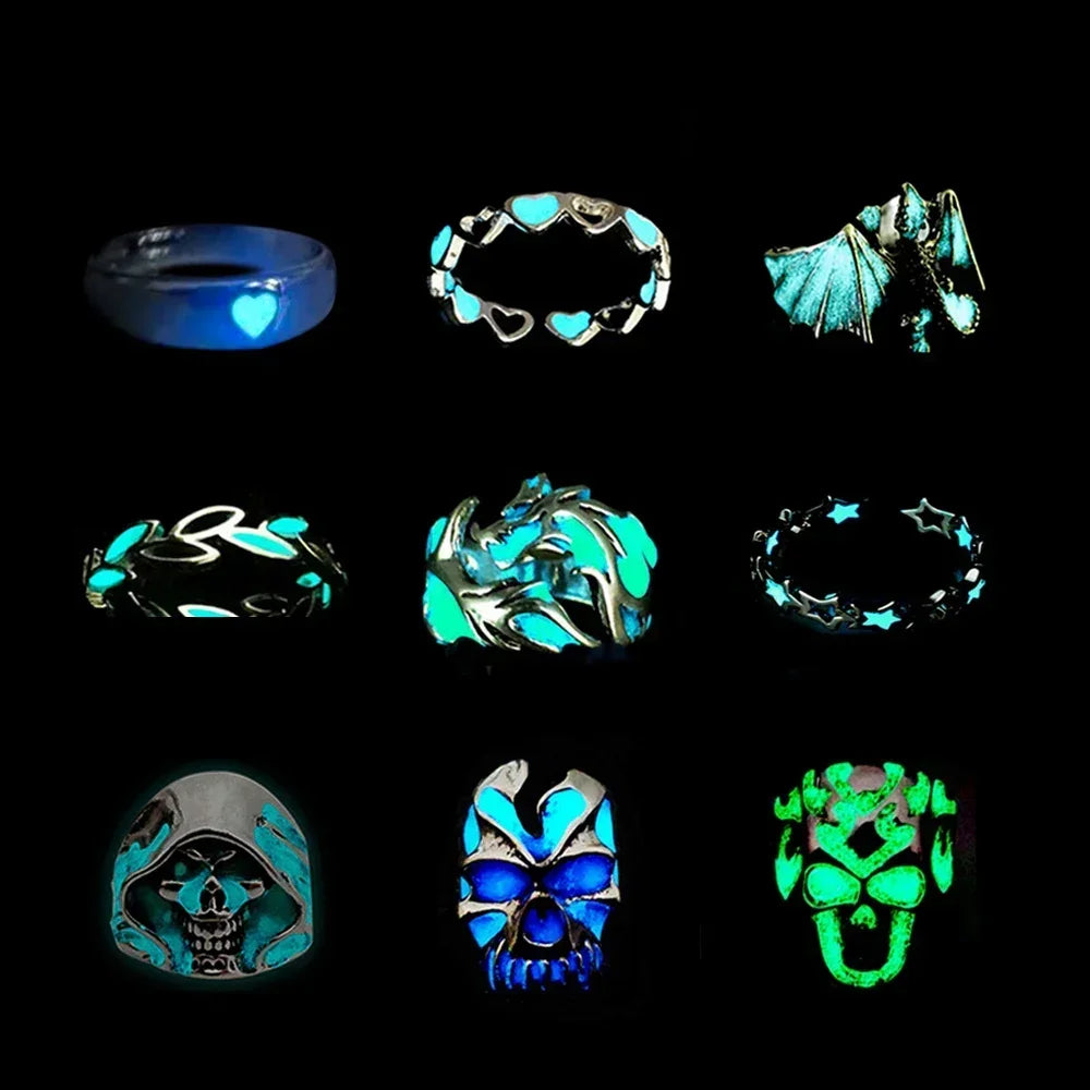 Adjustable Gothic Punk Noctilucent Dragon Rings Vintage Luminous Glow In the Dark Pterosaur Ring for Men Women Halloween Party
