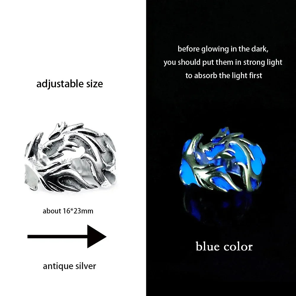 Adjustable Gothic Punk Noctilucent Dragon Rings Vintage Luminous Glow In the Dark Pterosaur Ring for Men Women Halloween Party