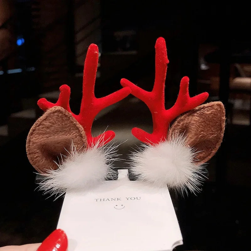 Christmas Headband Reindeer Antlers Horn Flower Hair Band Clasp Headwear for Kids Adult New Year Navidad Party Halloween Cosplay