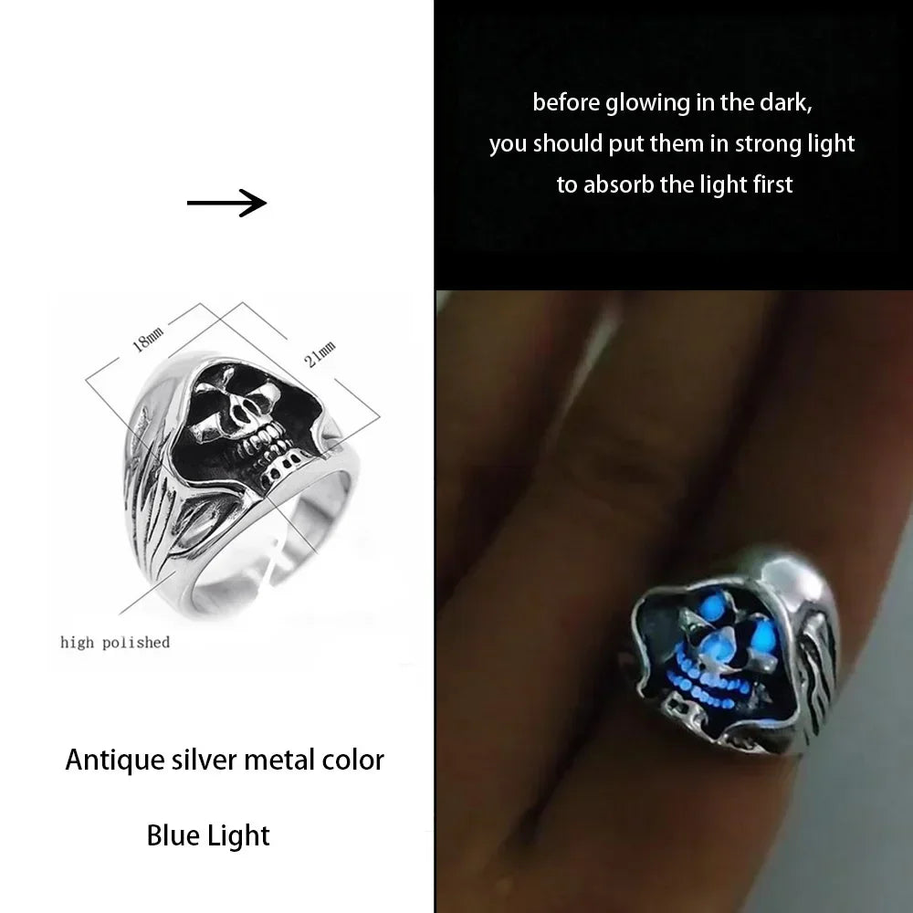 Adjustable Gothic Punk Noctilucent Dragon Rings Vintage Luminous Glow In the Dark Pterosaur Ring for Men Women Halloween Party