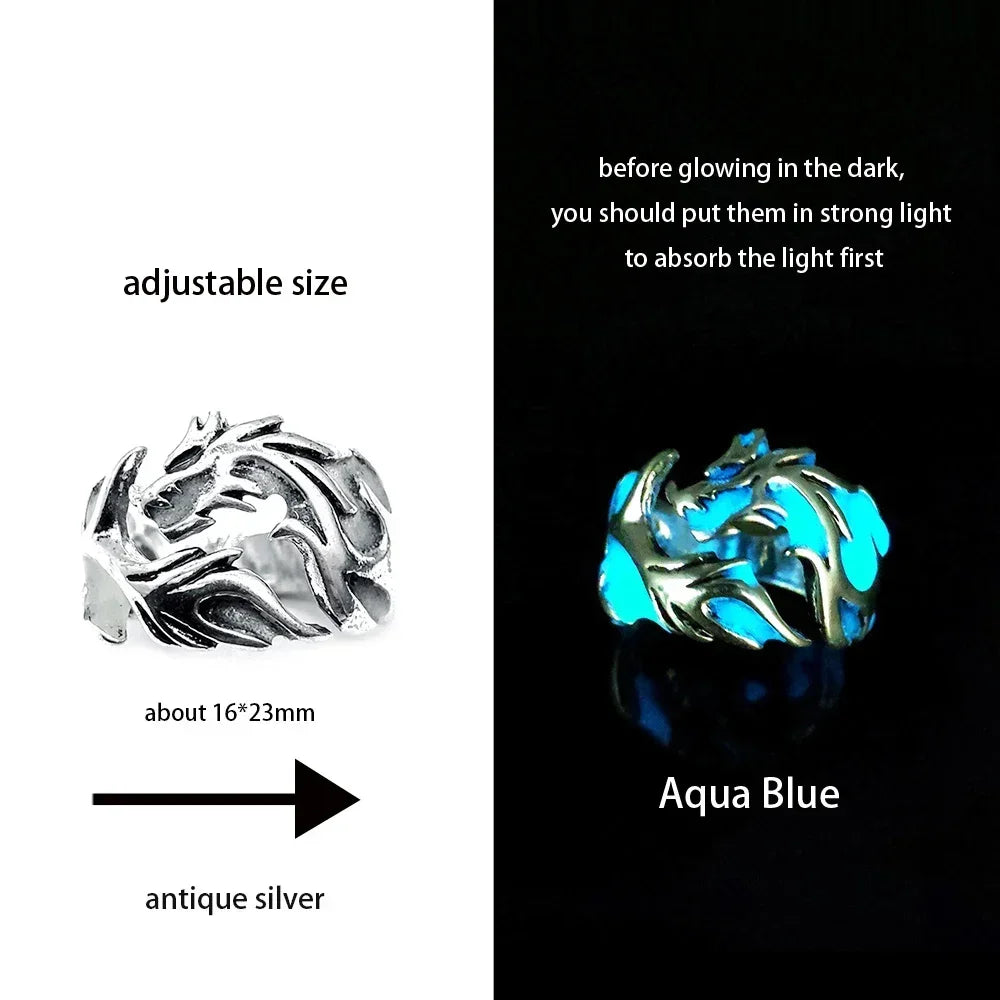 Adjustable Gothic Punk Noctilucent Dragon Rings Vintage Luminous Glow In the Dark Pterosaur Ring for Men Women Halloween Party