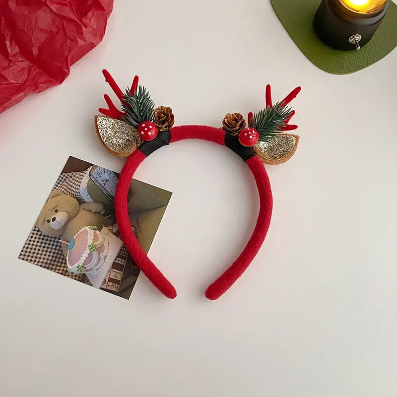 Christmas Headband Reindeer Antlers Horn Flower Hair Band Clasp Headwear for Kids Adult New Year Navidad Party Halloween Cosplay
