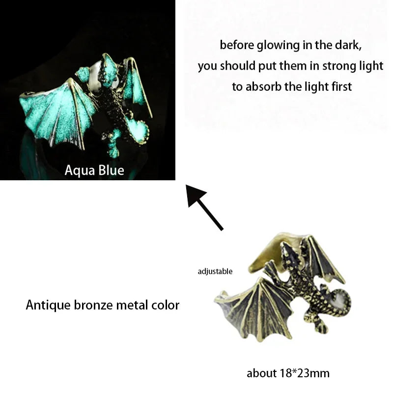 Adjustable Gothic Punk Noctilucent Dragon Rings Vintage Luminous Glow In the Dark Pterosaur Ring for Men Women Halloween Party