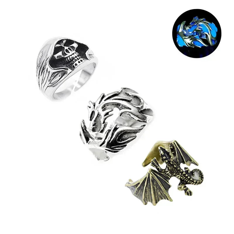 Adjustable Gothic Punk Noctilucent Dragon Rings Vintage Luminous Glow In the Dark Pterosaur Ring for Men Women Halloween Party