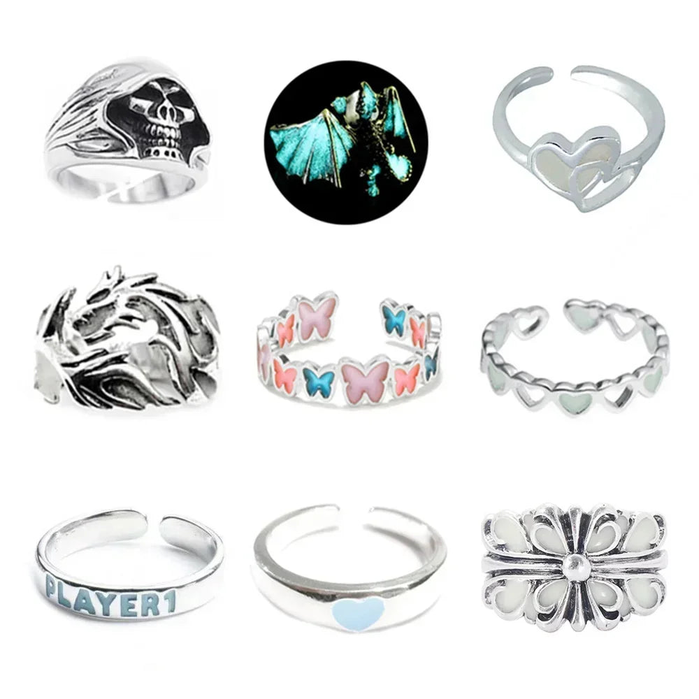 Adjustable Gothic Punk Noctilucent Dragon Rings Vintage Luminous Glow In the Dark Pterosaur Ring for Men Women Halloween Party