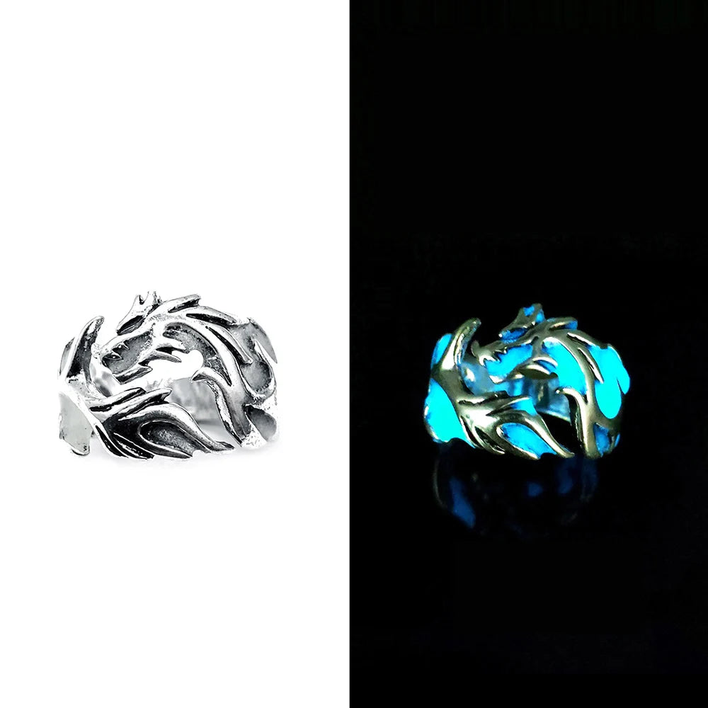 Adjustable Gothic Punk Noctilucent Dragon Rings Vintage Luminous Glow In the Dark Pterosaur Ring for Men Women Halloween Party