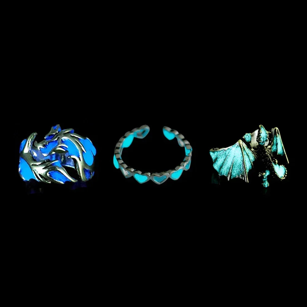 Adjustable Gothic Punk Noctilucent Dragon Rings Vintage Luminous Glow In the Dark Pterosaur Ring for Men Women Halloween Party