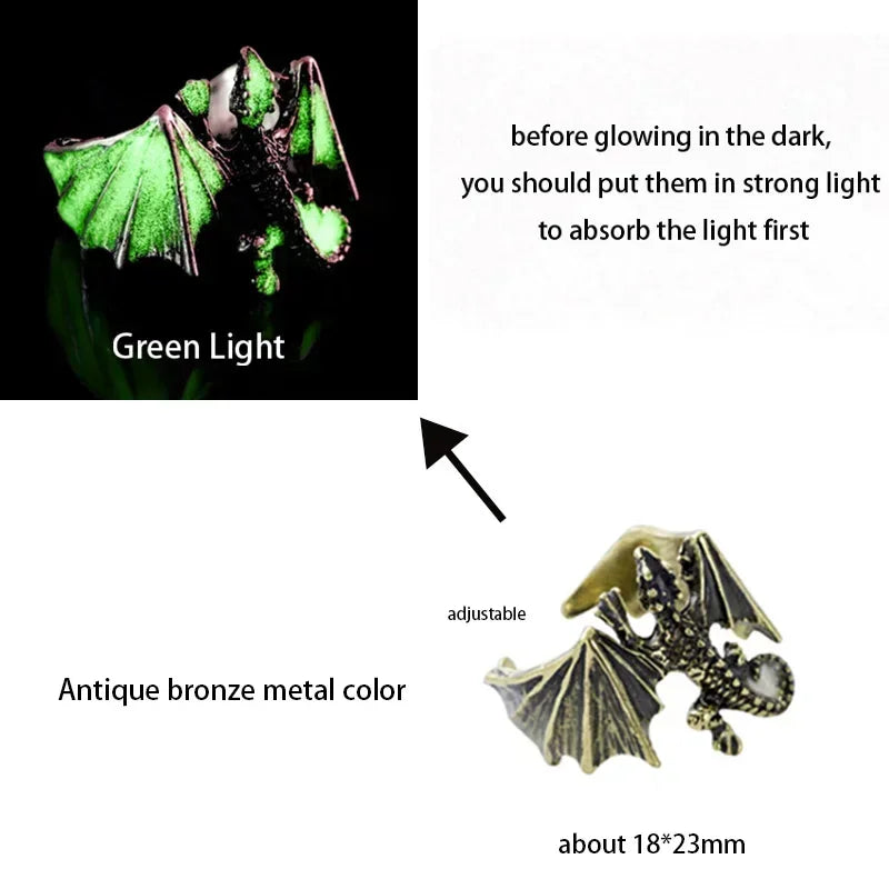 Adjustable Gothic Punk Noctilucent Dragon Rings Vintage Luminous Glow In the Dark Pterosaur Ring for Men Women Halloween Party