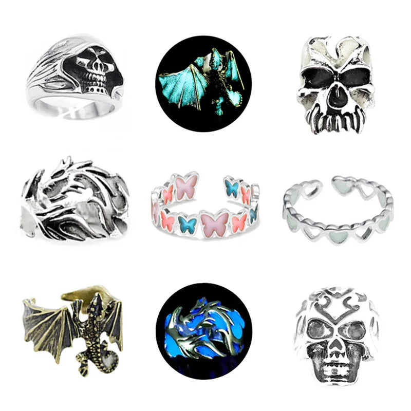 Adjustable Gothic Punk Noctilucent Dragon Rings Vintage Luminous Glow In the Dark Pterosaur Ring for Men Women Halloween Party