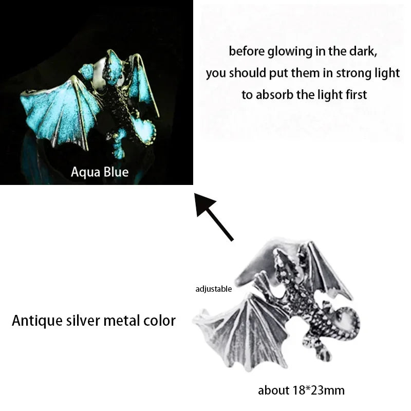 Adjustable Gothic Punk Noctilucent Dragon Rings Vintage Luminous Glow In the Dark Pterosaur Ring for Men Women Halloween Party