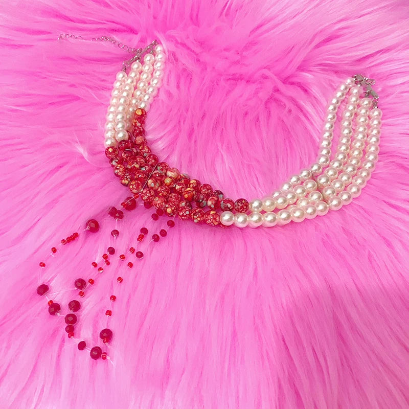 Halloween Faux Pearl Blood Tiered Necklace Goth Jewellery Blood Drop Tassel Choker Women Grunge Rock Egirl Accessory Aesthetic