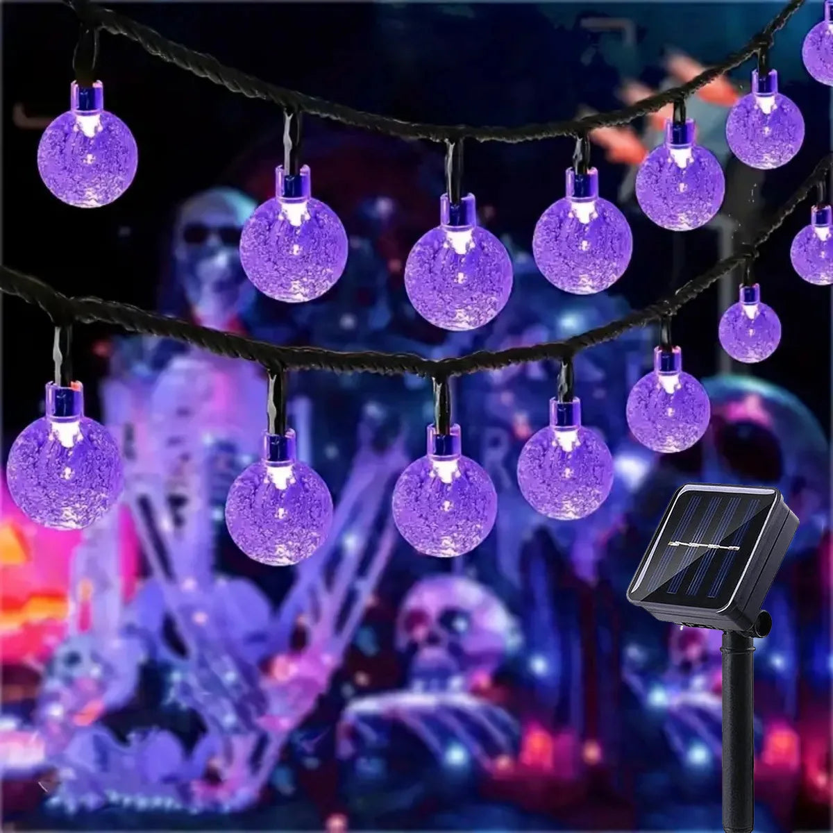 1PC 20/30 LED Halloween Purple Bubble Ball String Lights With 8 Lighting Modes Outdoor Waterproof Solar Powered Decorative Lamp
