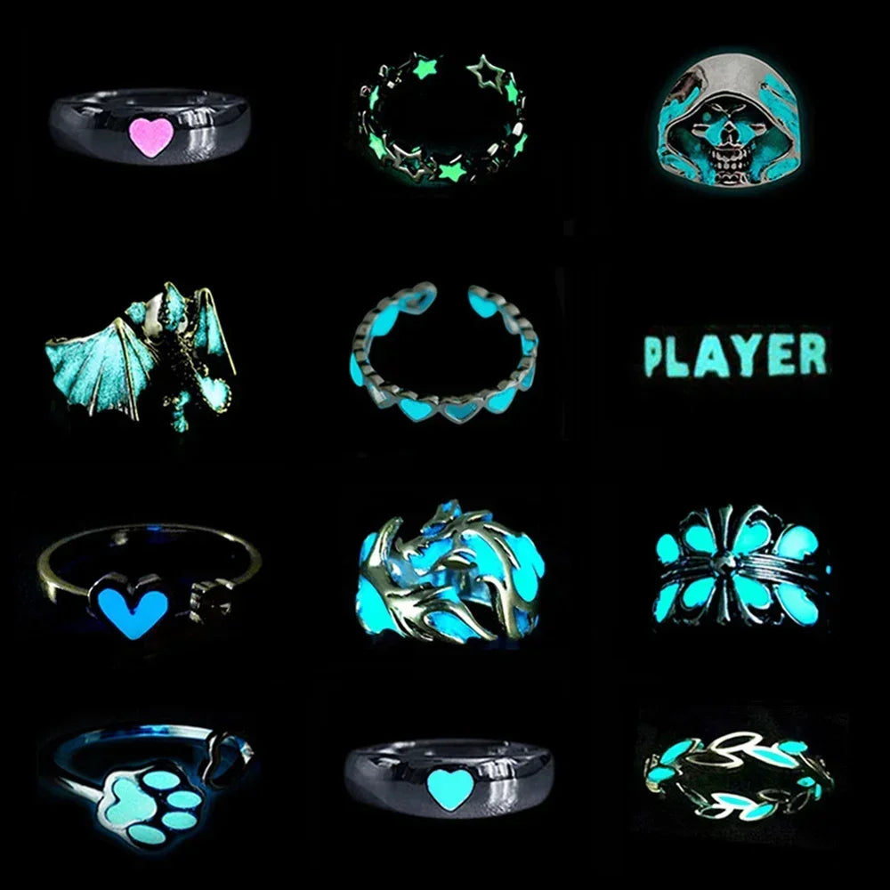 Adjustable Gothic Punk Noctilucent Dragon Rings Vintage Luminous Glow In the Dark Pterosaur Ring for Men Women Halloween Party