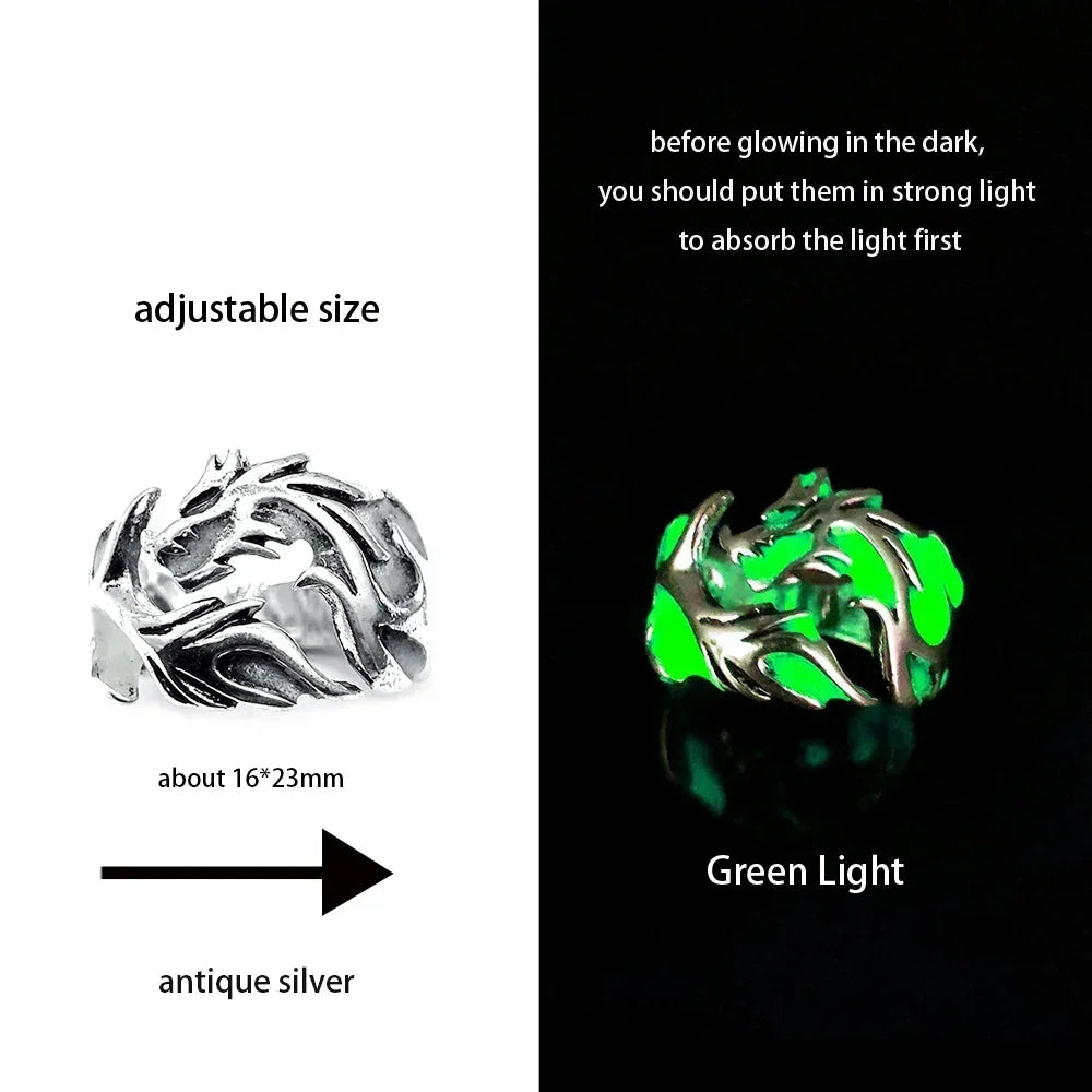 Adjustable Gothic Punk Noctilucent Dragon Rings Vintage Luminous Glow In the Dark Pterosaur Ring for Men Women Halloween Party