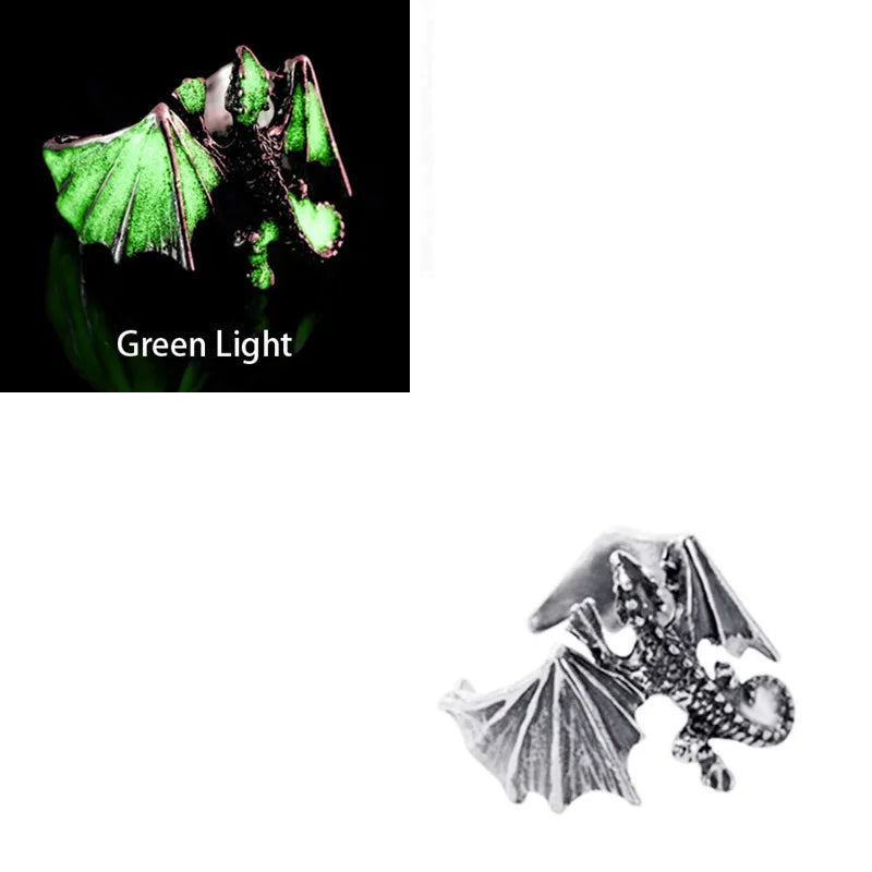 Adjustable Gothic Punk Noctilucent Dragon Rings Vintage Luminous Glow In the Dark Pterosaur Ring for Men Women Halloween Party