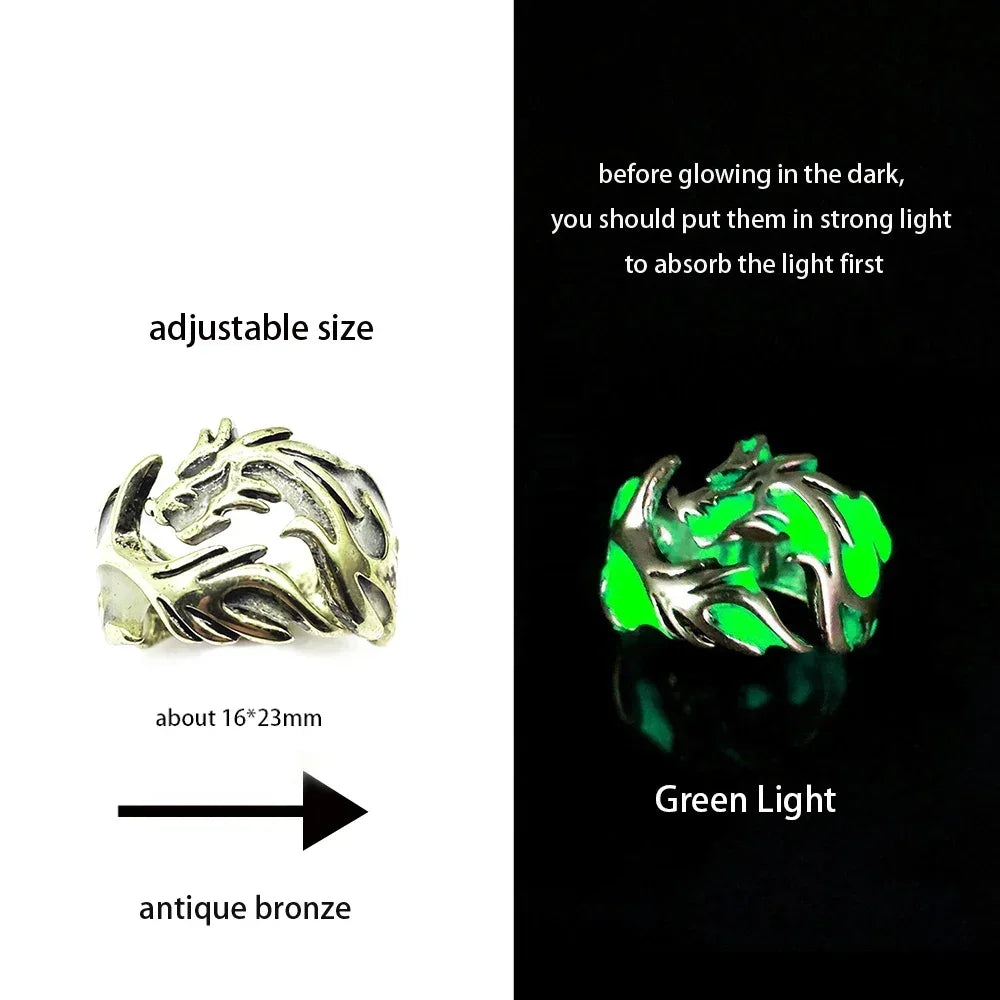 Adjustable Gothic Punk Noctilucent Dragon Rings Vintage Luminous Glow In the Dark Pterosaur Ring for Men Women Halloween Party