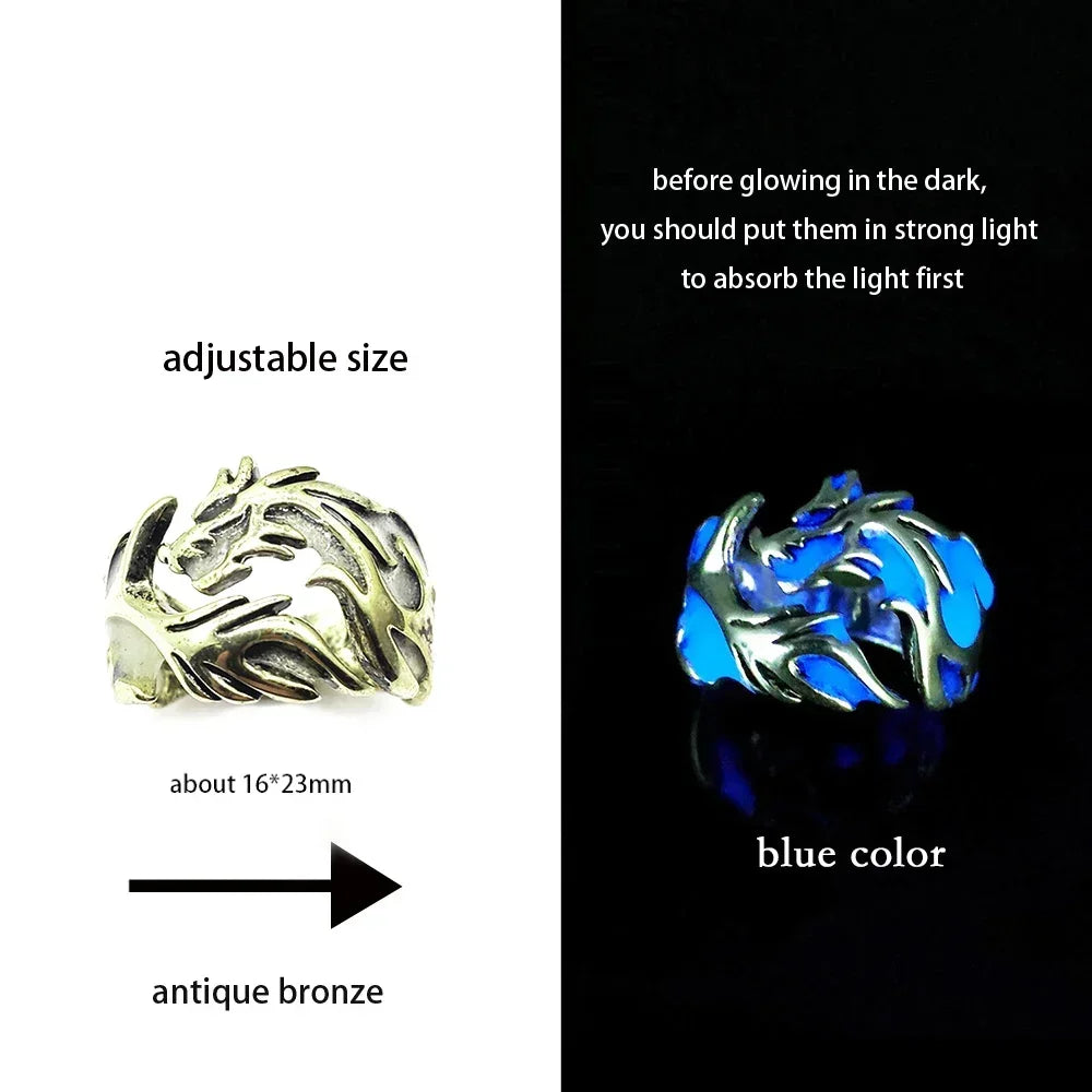 Adjustable Gothic Punk Noctilucent Dragon Rings Vintage Luminous Glow In the Dark Pterosaur Ring for Men Women Halloween Party