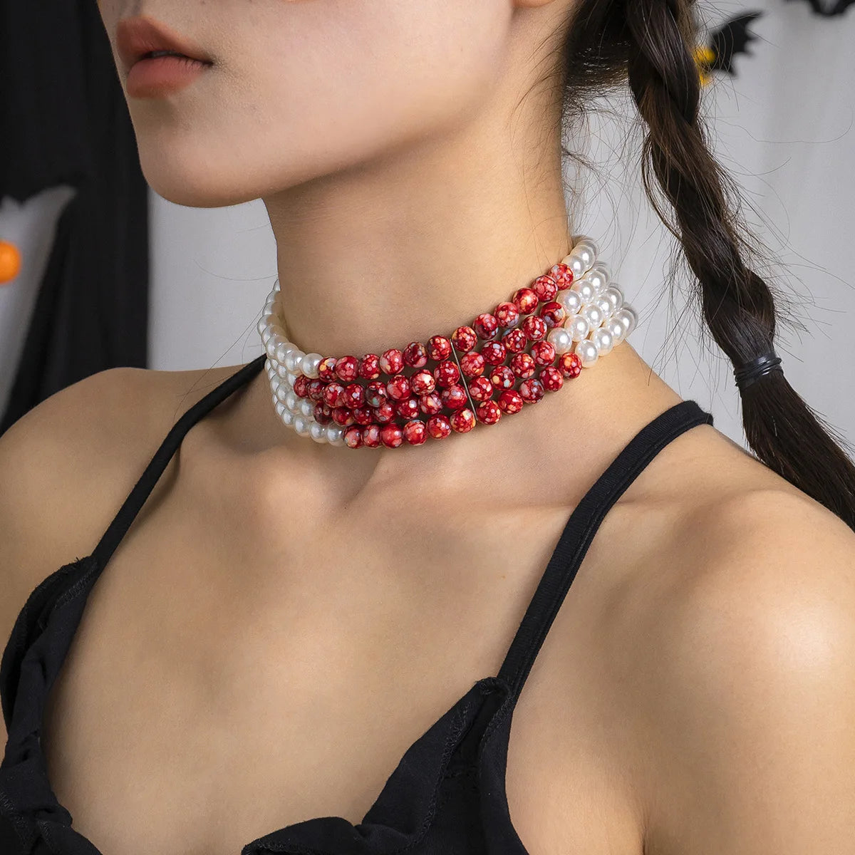 Halloween Faux Pearl Blood Tiered Necklace Goth Jewellery Blood Drop Tassel Choker Women Grunge Rock Egirl Accessory Aesthetic