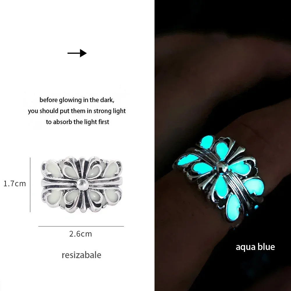 Adjustable Gothic Punk Noctilucent Dragon Rings Vintage Luminous Glow In the Dark Pterosaur Ring for Men Women Halloween Party