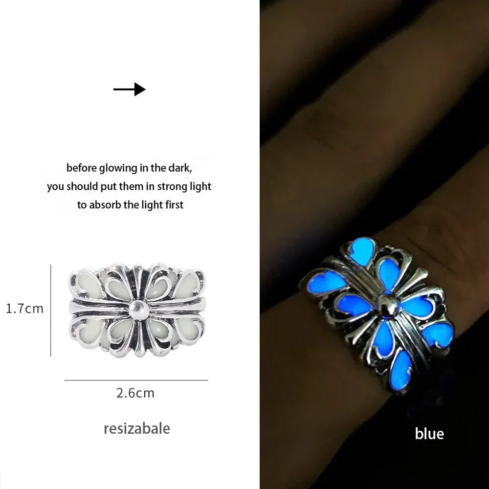 Adjustable Gothic Punk Noctilucent Dragon Rings Vintage Luminous Glow In the Dark Pterosaur Ring for Men Women Halloween Party