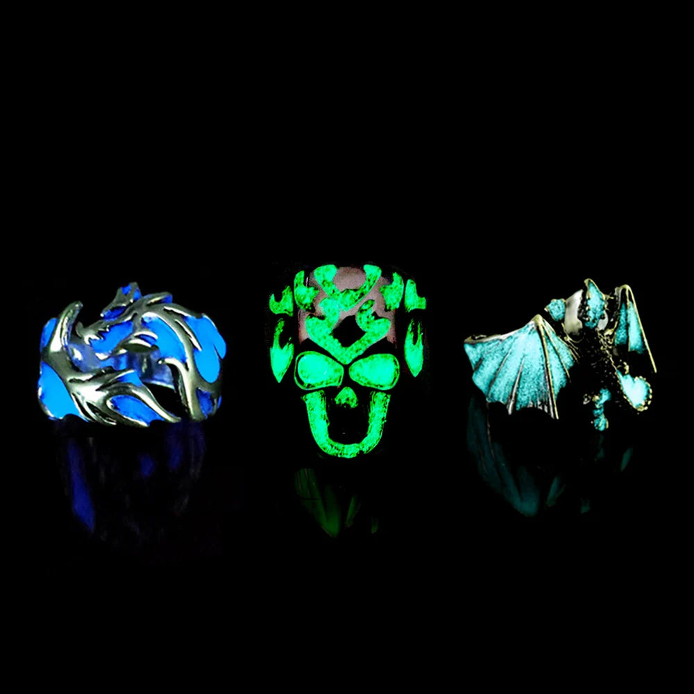 Adjustable Gothic Punk Noctilucent Dragon Rings Vintage Luminous Glow In the Dark Pterosaur Ring for Men Women Halloween Party
