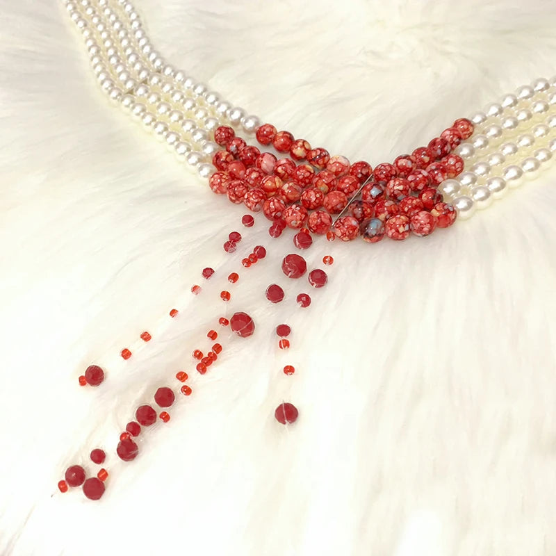 Halloween Faux Pearl Blood Tiered Necklace Goth Jewellery Blood Drop Tassel Choker Women Grunge Rock Egirl Accessory Aesthetic