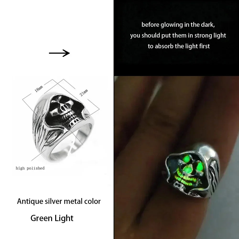 Adjustable Gothic Punk Noctilucent Dragon Rings Vintage Luminous Glow In the Dark Pterosaur Ring for Men Women Halloween Party