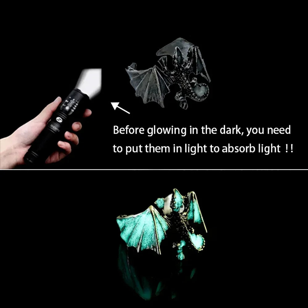 Adjustable Gothic Punk Noctilucent Dragon Rings Vintage Luminous Glow In the Dark Pterosaur Ring for Men Women Halloween Party