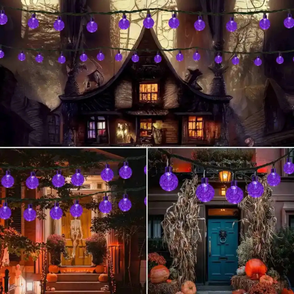 1PC 20/30 LED Halloween Purple Bubble Ball String Lights With 8 Lighting Modes Outdoor Waterproof Solar Powered Decorative Lamp