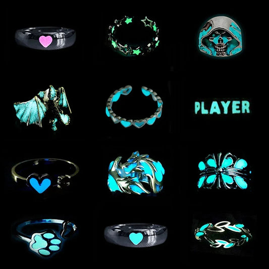 Adjustable Gothic Punk Noctilucent Dragon Rings Vintage Luminous Glow In the Dark Pterosaur Ring for Men Women Halloween Party
