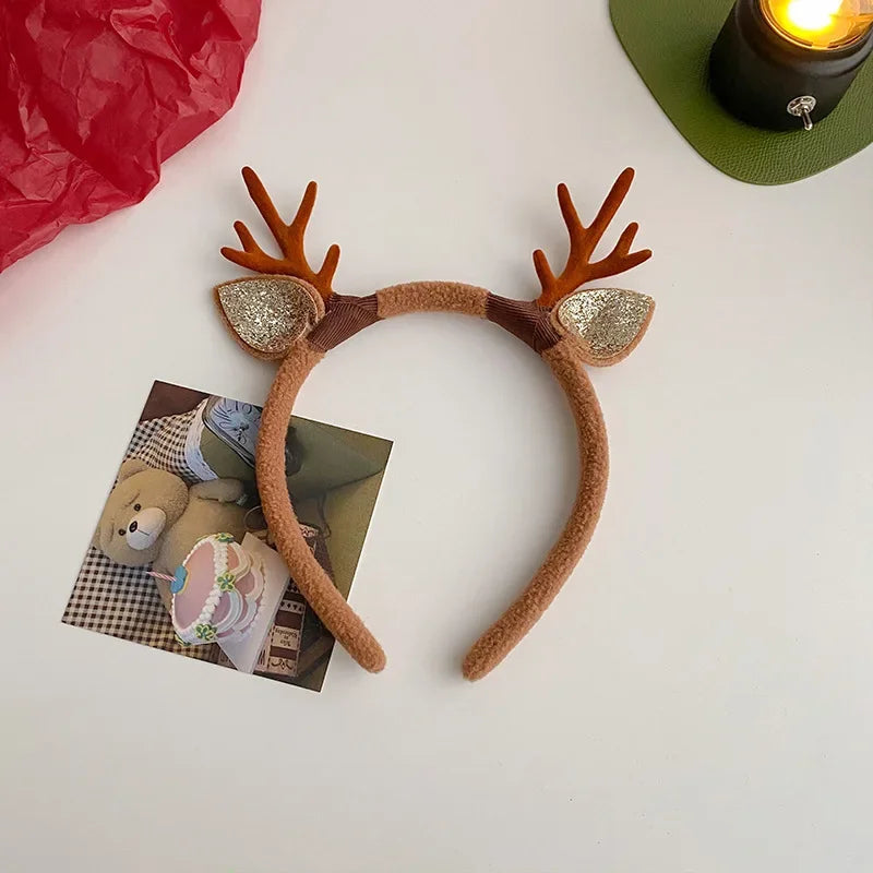 Christmas Headband Reindeer Antlers Horn Flower Hair Band Clasp Headwear for Kids Adult New Year Navidad Party Halloween Cosplay
